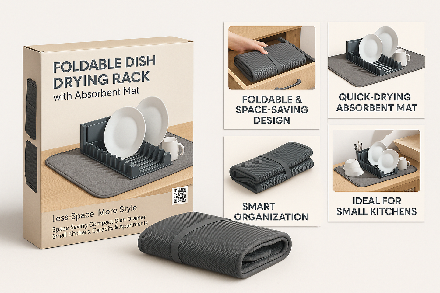 Foldable Dish Drying Rack with Absorbent Mat – Space-Saving Kitchen Drainer (Grey)