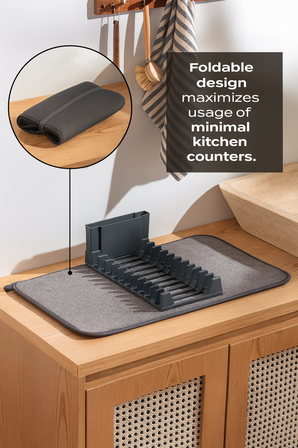Foldable Dish Drying Rack with Absorbent Mat – Space-Saving Kitchen Drainer (Grey)